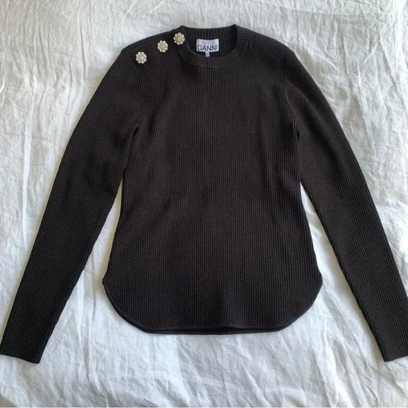 Ganni Crystal Rhinestone Shoulder Ribbed Sweater Pullover Top Brown - Picture 1 of 6